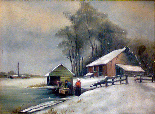 322 - WINTER SCENE OF FARM COUPLE WITH SAILBOAT IN BACKGROUND - UNSIGNED<