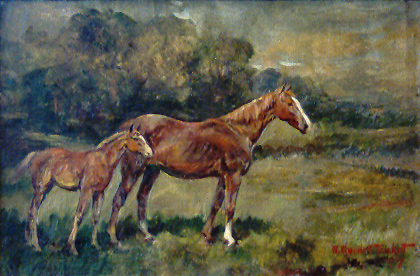 372. OIL ON CANVAS OF MARE AND FOAL. SIGNED W. WENDELL TRICKETT