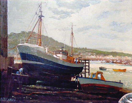 3 - OIL ON CANVAS - SHIPS IN HARBOR (BOATYARD). SIGNED, BRIAN HAYES